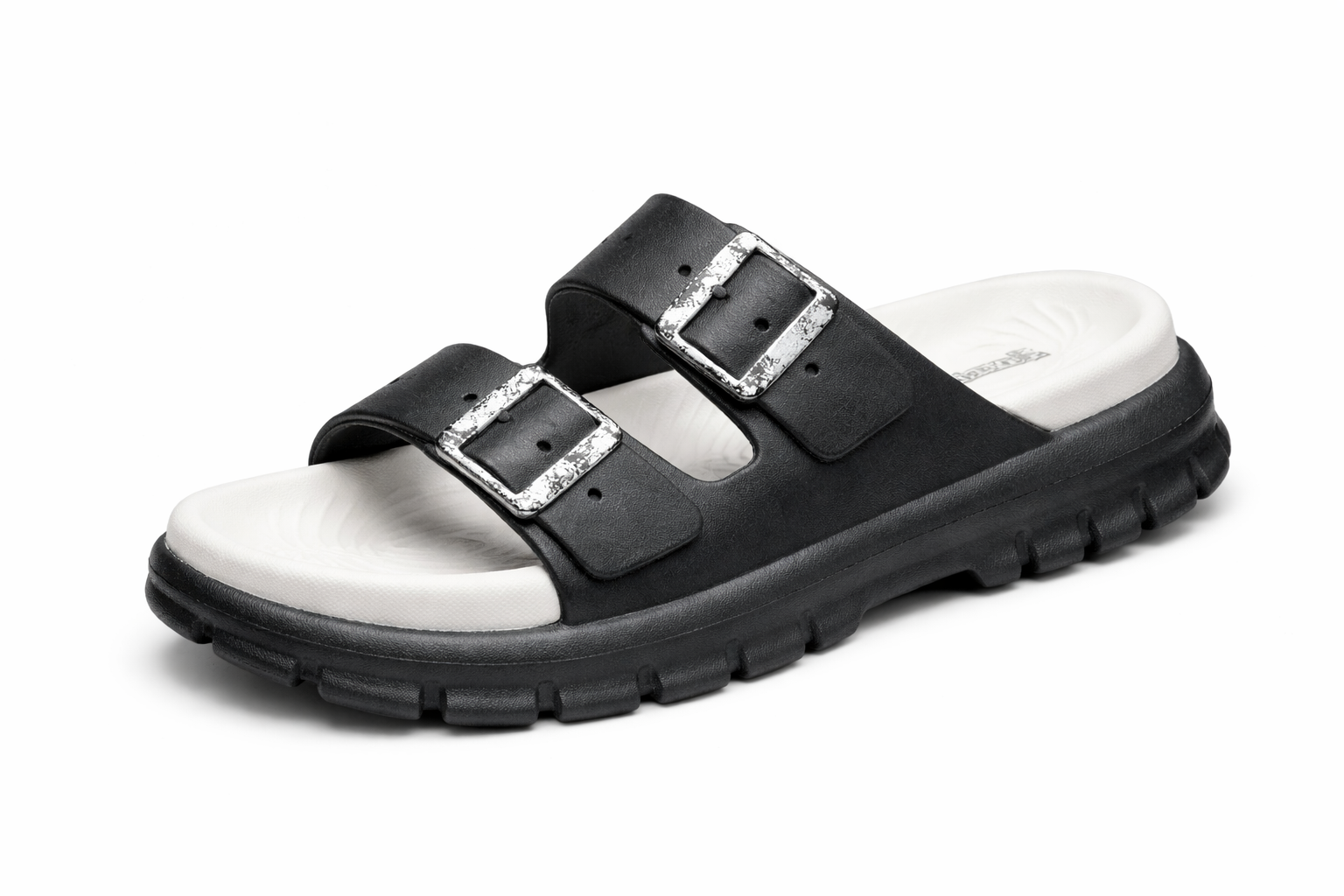 Women’s Stylish Double Buckle Casual Slide Sandals – Lightweight Comfort Soft Footbed Daily Wear Slippers (Black)