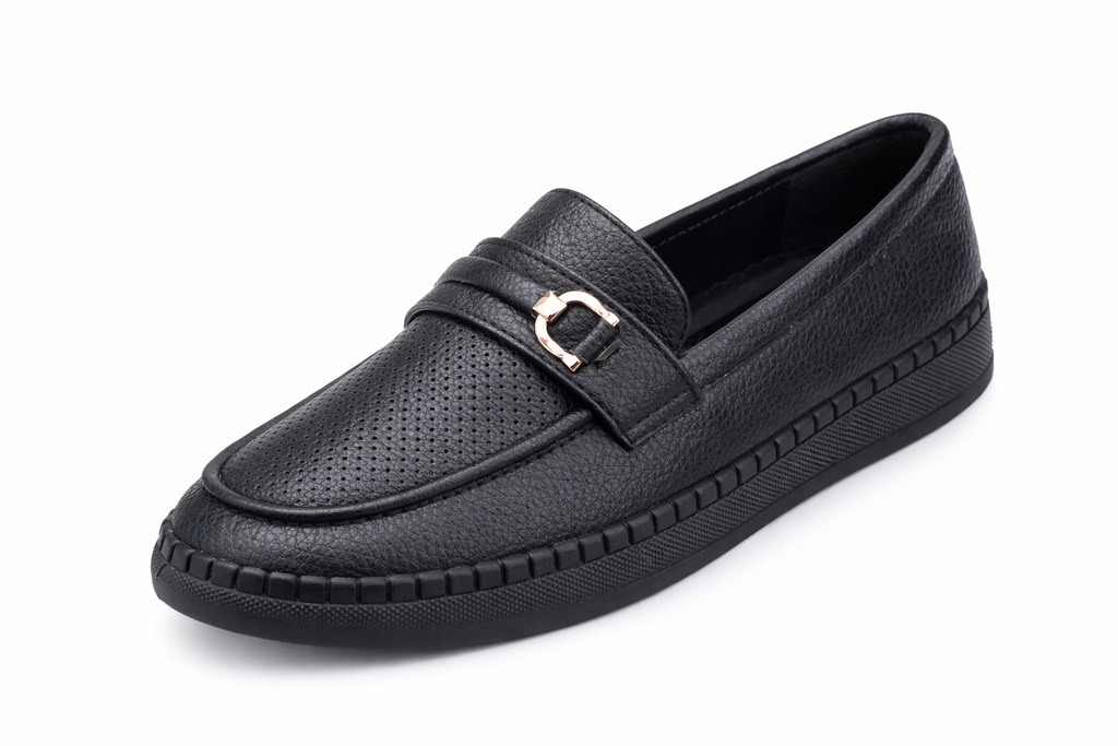 Women’s Black Comfort Loafers with Gold Buckle – Casual Slip-On Shoes