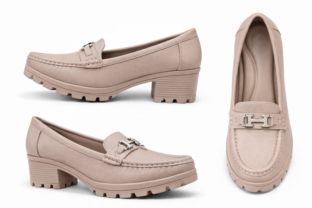 Women’s Beige Block Heel Loafers – Stylish Comfort Casual Slip-On Shoes