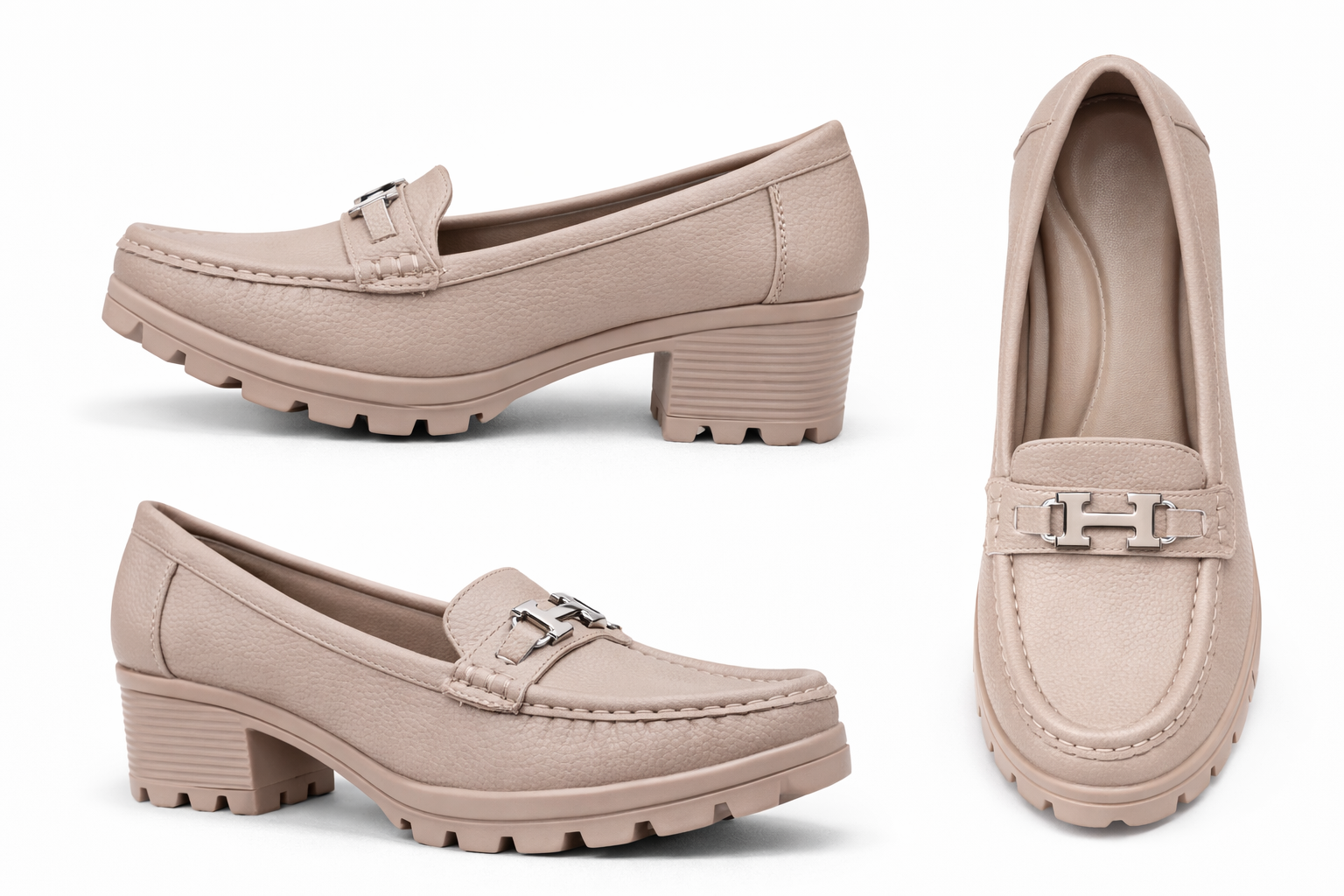 Women’s Beige Block Heel Loafers – Stylish Comfort Casual Slip-On Shoes