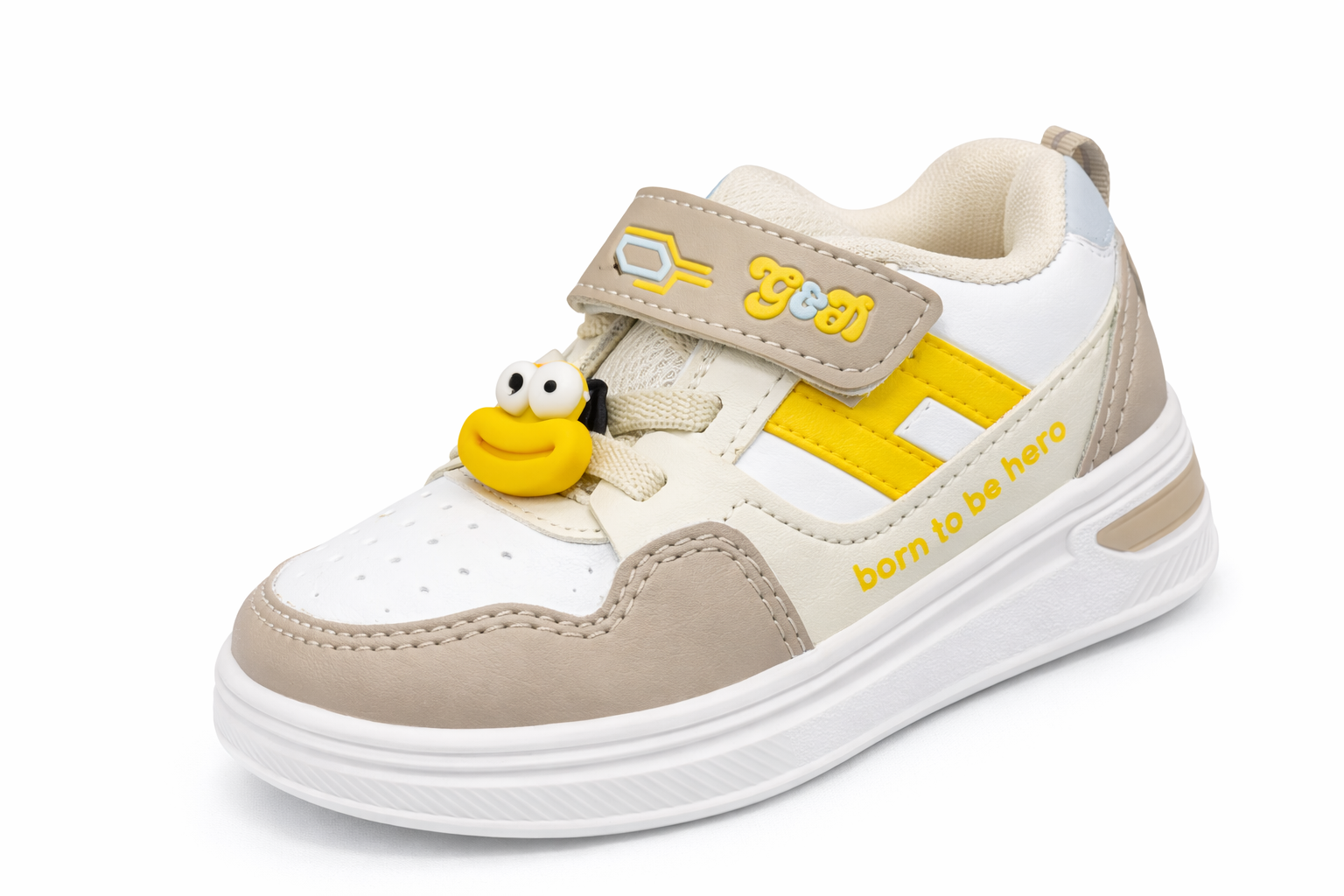 Kids Cartoon Casual Sneakers – Beige & Yellow Velcro Strap Shoes for Boys & Girls