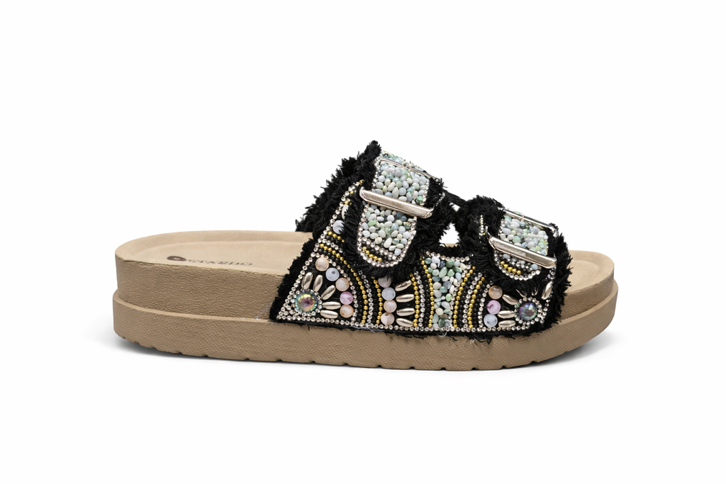 Women’s Embellished Double Strap Slides – Beaded Fashion Comfort Sandal