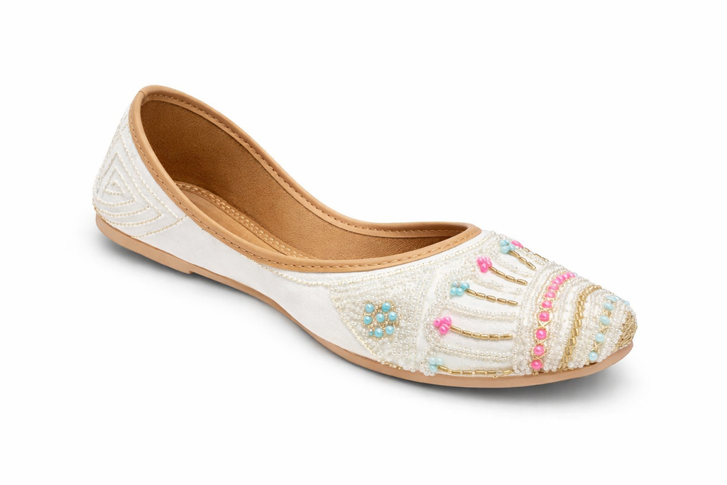 Elegant White Hand-Beaded Ethnic Jutti for Women – Traditional Punjabi Flat with Pastel Embroidery