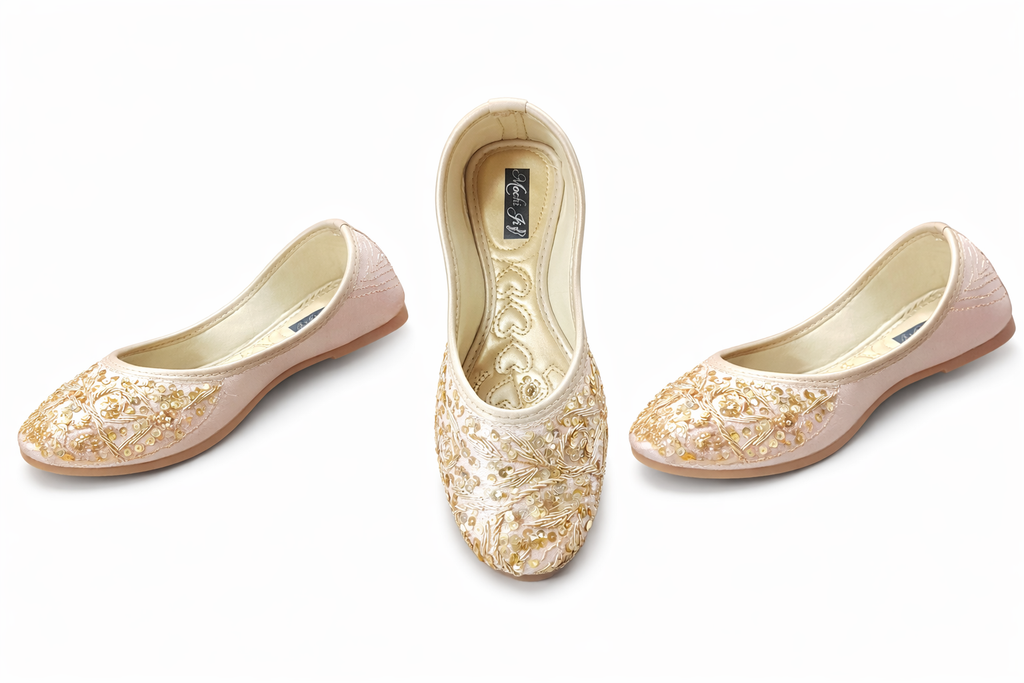 Elegant Gold Embroidered Women’s Ethnic Jutti Flats – Beige/Pink Traditional Party Wear Shoes