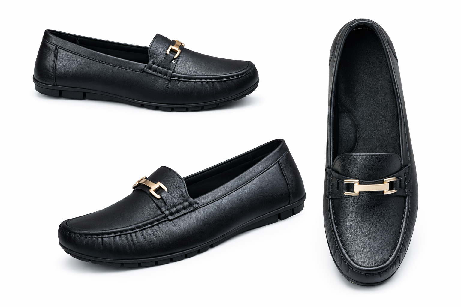 Women's Classic Black Comfort Loafers with Metal Buckle – Soft Leather Casual Slip-On Shoes for Daily Wear