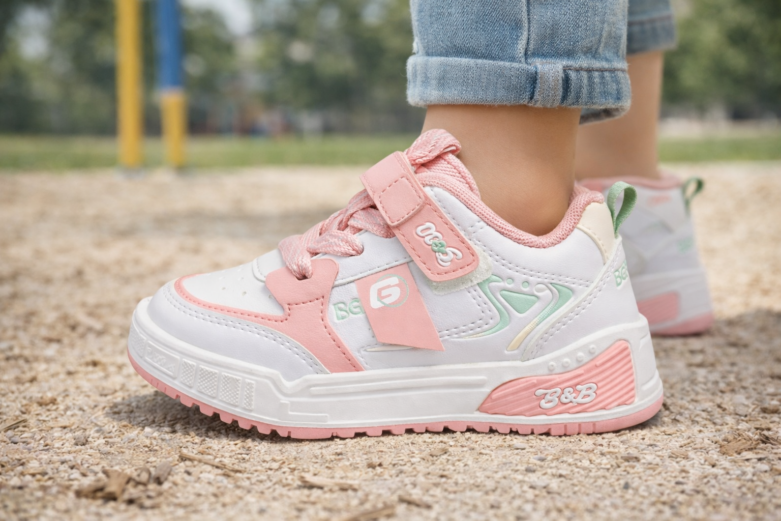 Girls Casual Sport Sneakers – Pink & White Kids Velcro Shoes