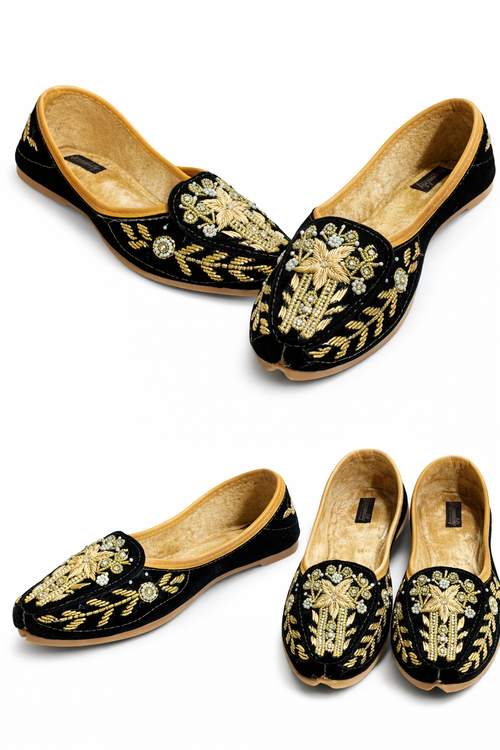 Black Velvet Embroidered Punjabi Jutti for Women – Traditional Handcrafted Ethnic Flats