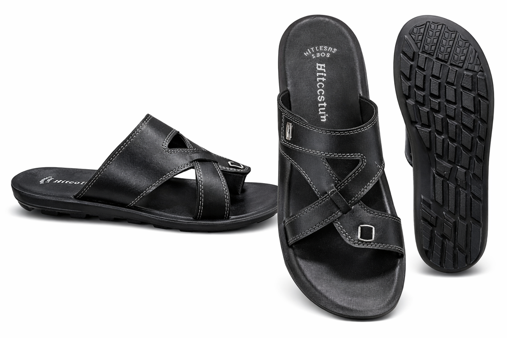 Men’s Premium Black Comfort Sandals – Stylish Cross Strap Casual Slip-On with Cushioned Sole