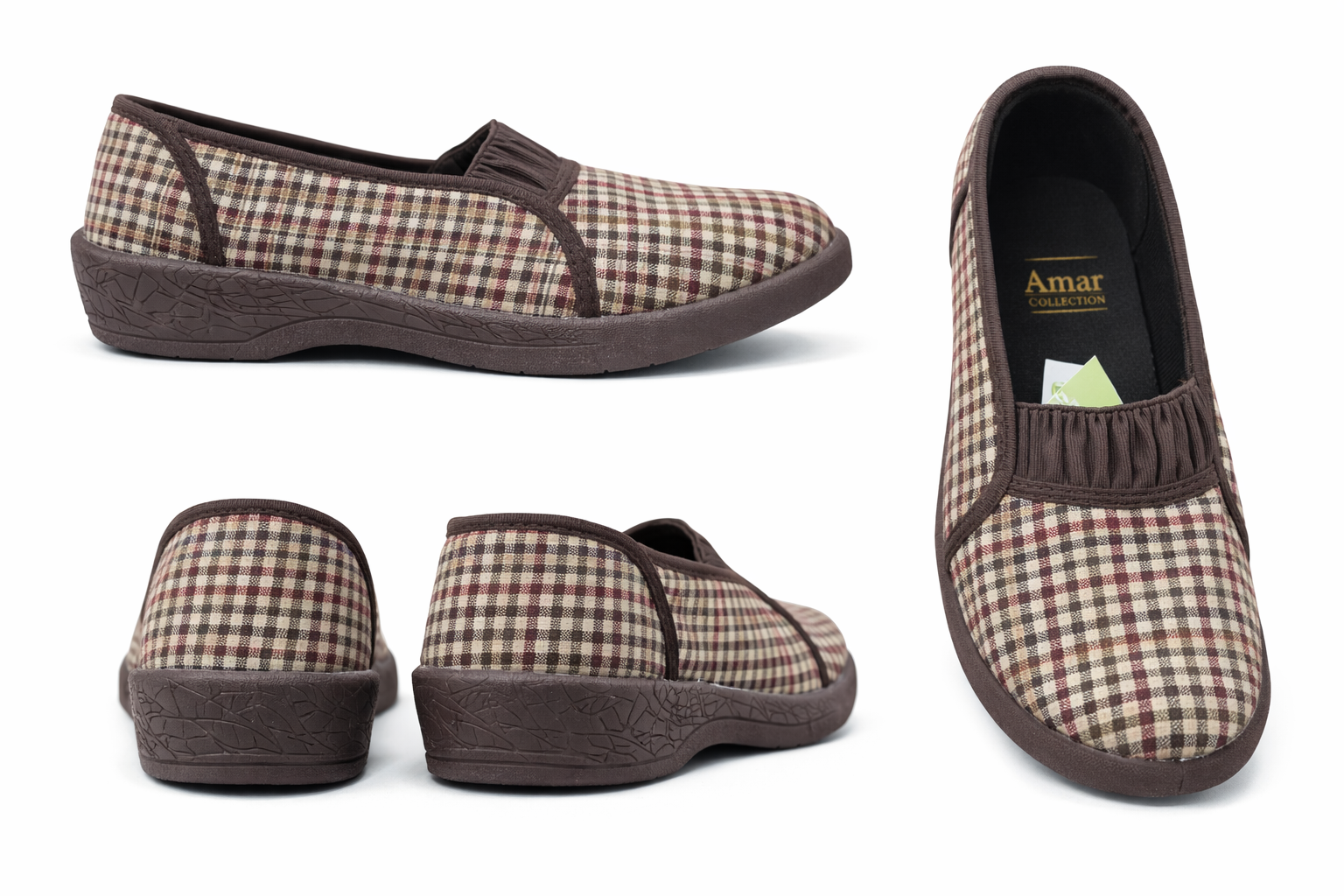 Women’s Checked Slip-On Casual Shoes – Comfortable Lightweight Daily Wear Loafers (Brown Check)