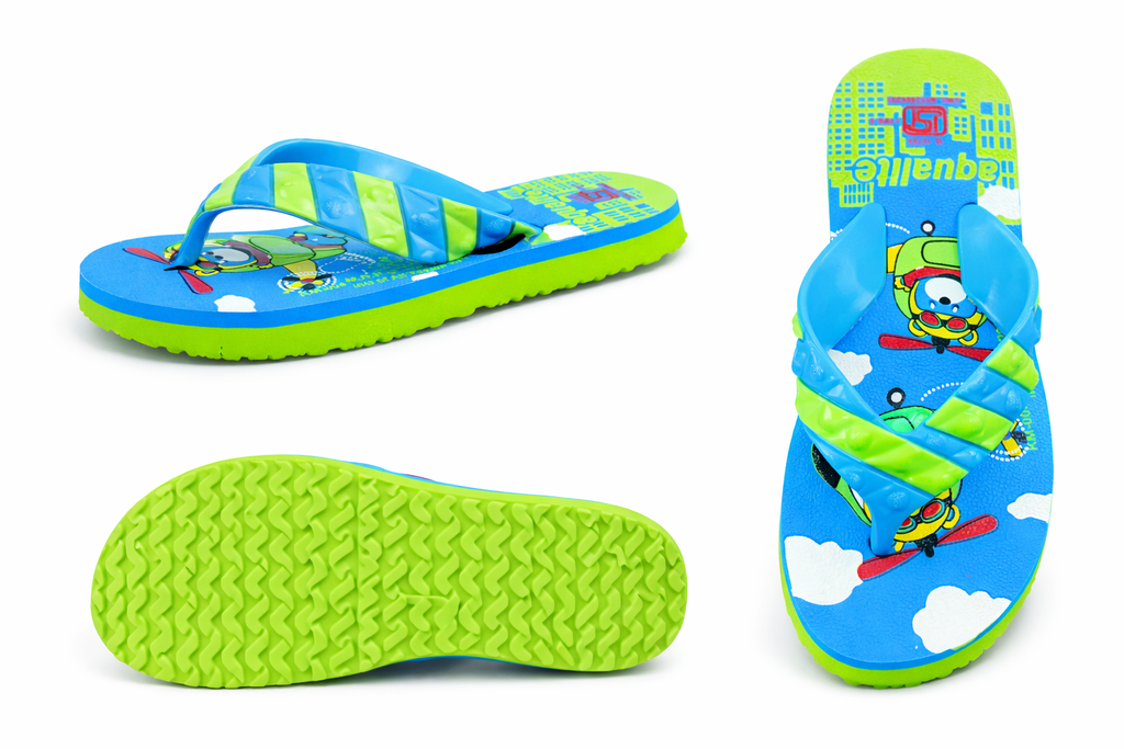 Kids Blue & Green Cartoon Printed Flip Flops – Lightweight Comfortable Daily Wear Slippers