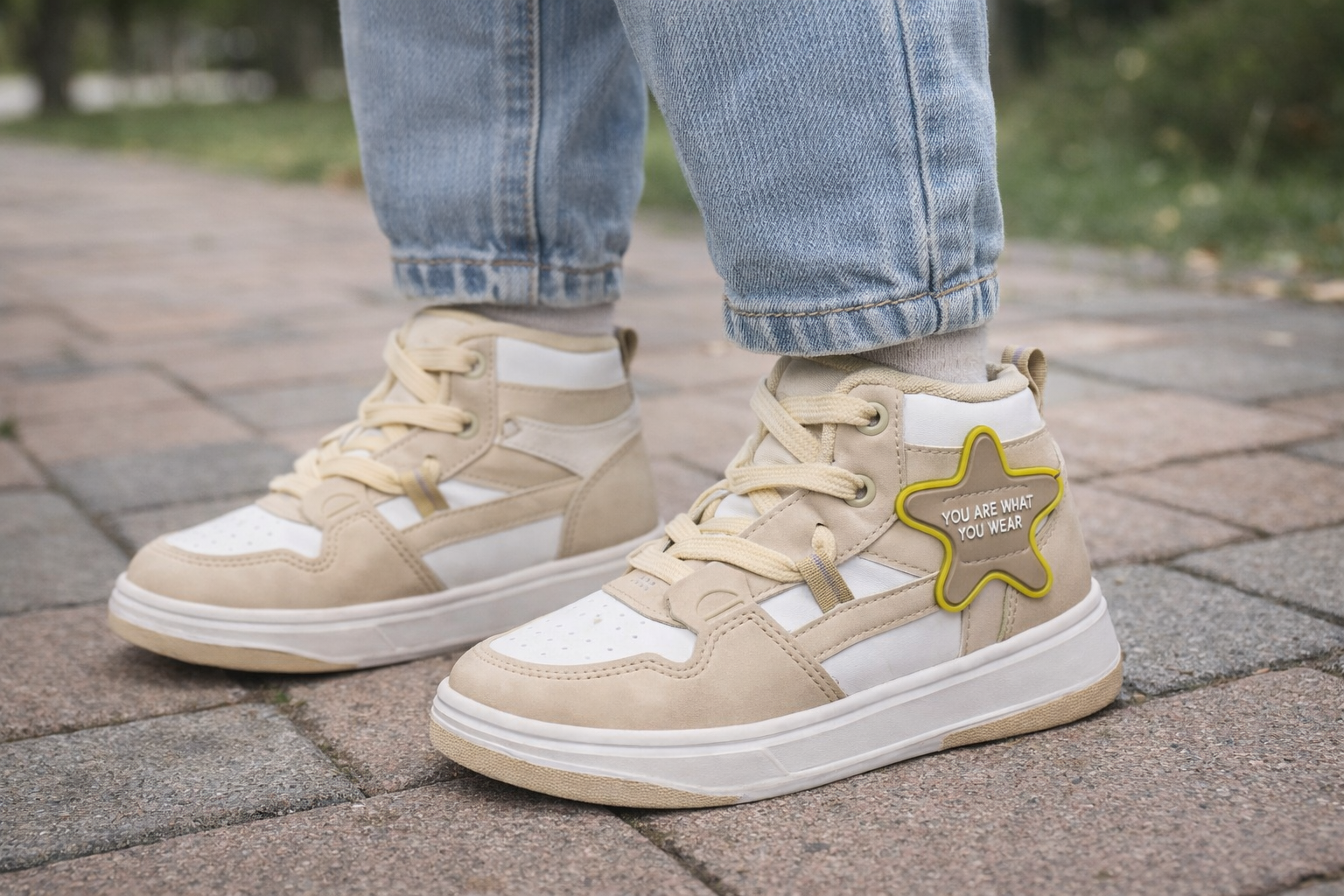 Kids Beige Star High-Top Sneakers – Stylish Casual Shoes for Boys & Girls