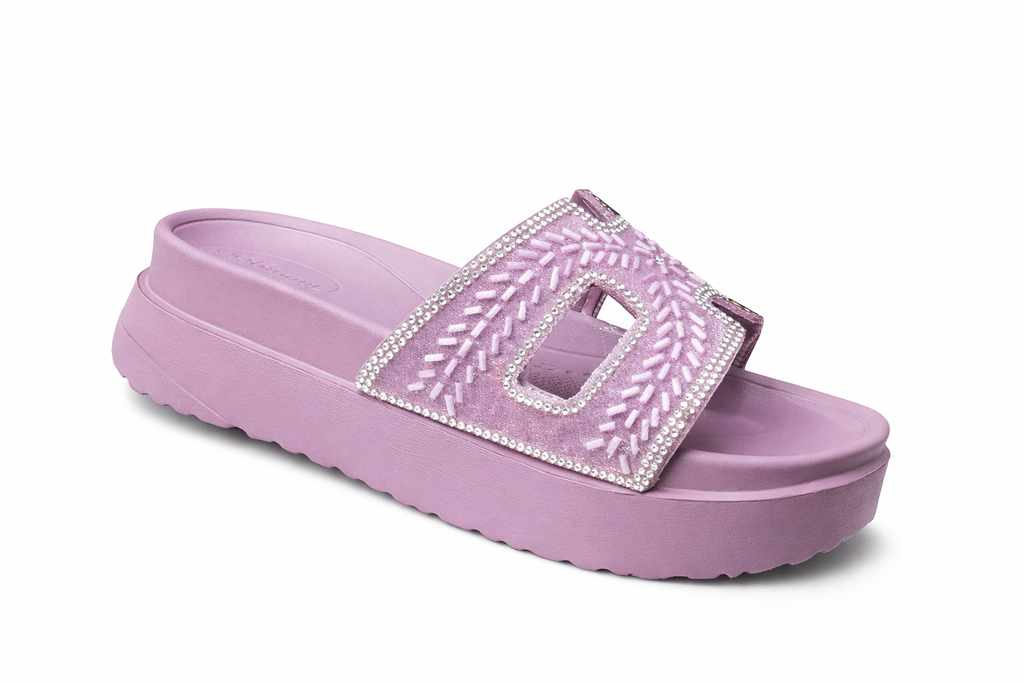 Women’s Stylish Lilac Platform Sliders with Rhinestone Embellished Strap