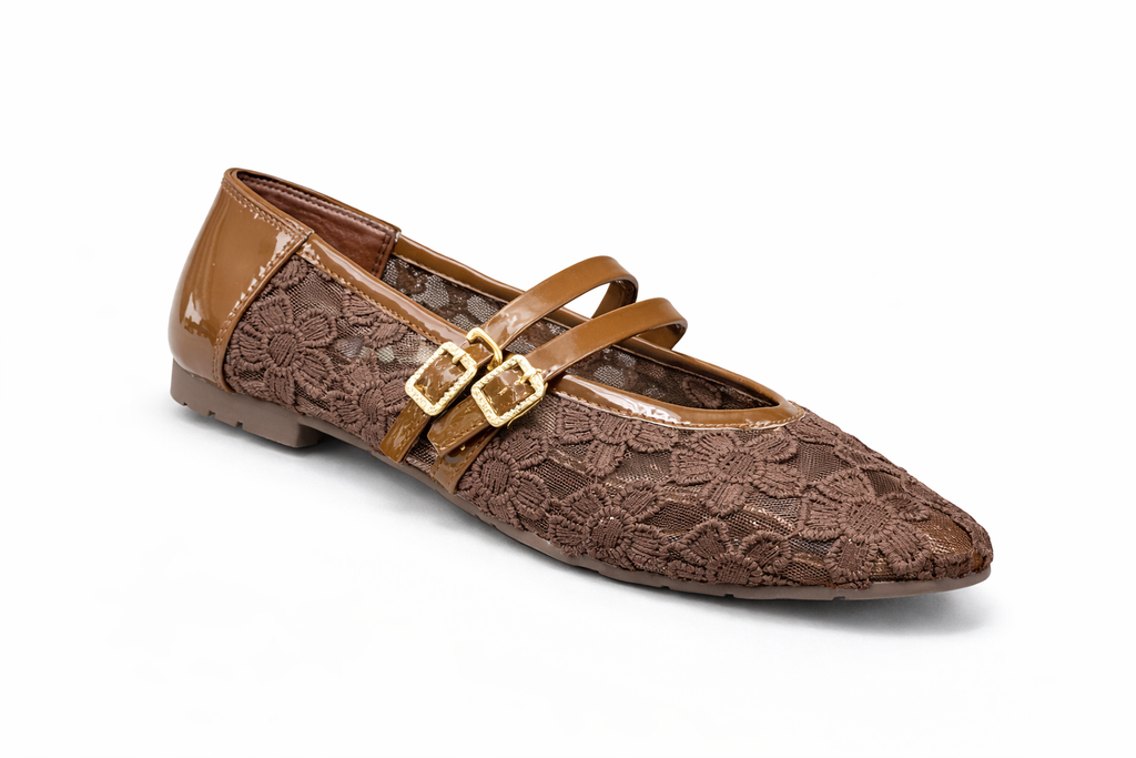 Women’s Black Lace Double Strap Mary Jane Flats – Elegant Comfort Casual Shoes