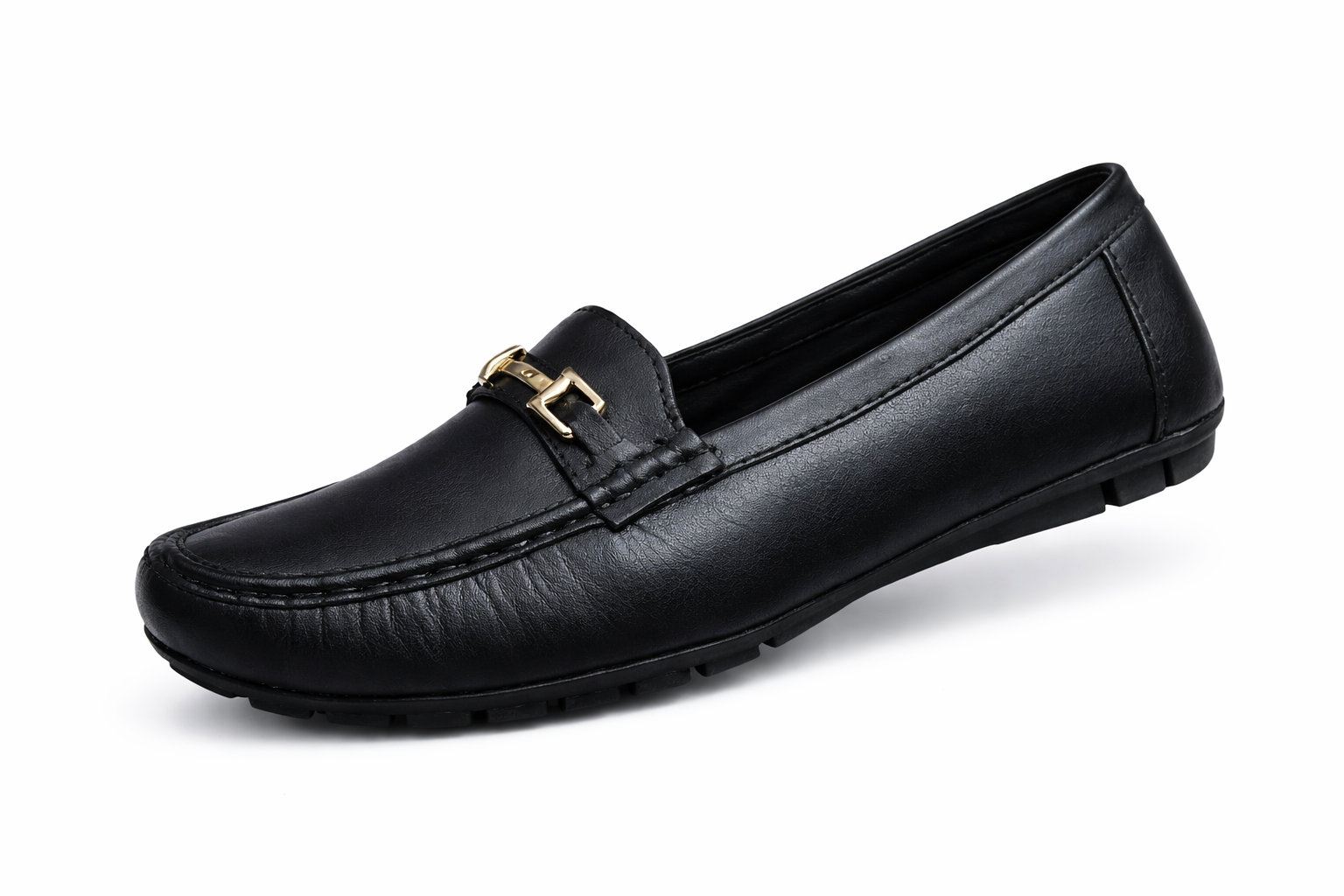 Women's Classic Black Comfort Loafers with Metal Buckle – Soft Leather Casual Slip-On Shoes for Daily Wear