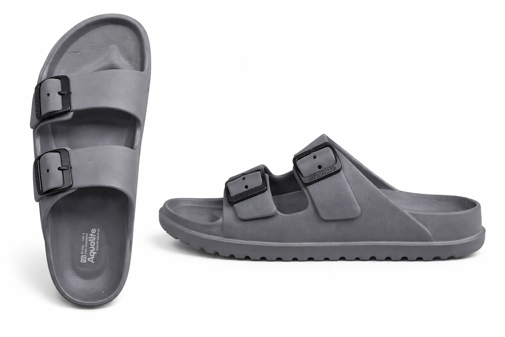 Women’s Grey Comfort Slides with Adjustable Double Buckle
