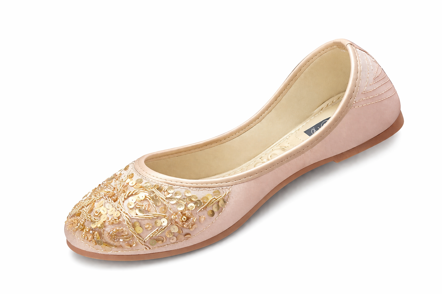 Elegant Gold Embroidered Women’s Ethnic Jutti Flats – Beige/Pink Traditional Party Wear Shoes