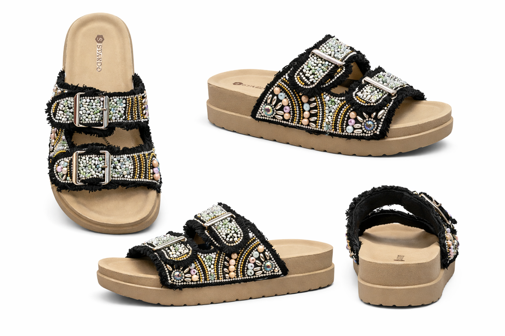 Women’s Embellished Double Strap Slides – Beaded Fashion Comfort Sandal