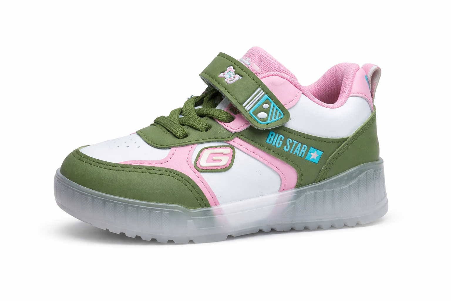 Kids Green & Pink Casual Sneakers | Stylish Velcro Strap Sports Shoes