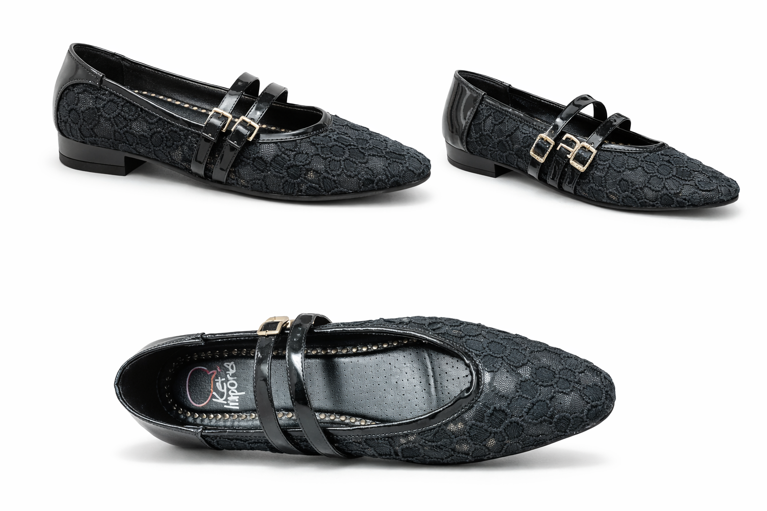 Women’s Black Lace Double Strap Mary Jane Flats – Elegant Comfort Casual Shoes