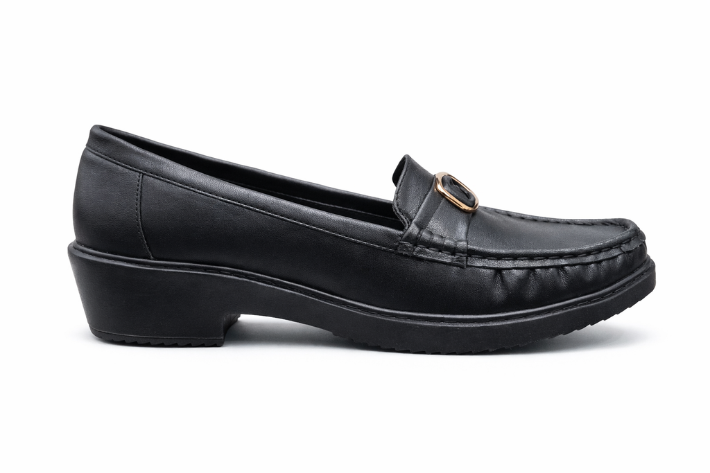 Women’s Black Comfort Loafers with Gold Buckle – Stylish Slip-On Casual & Office Shoes