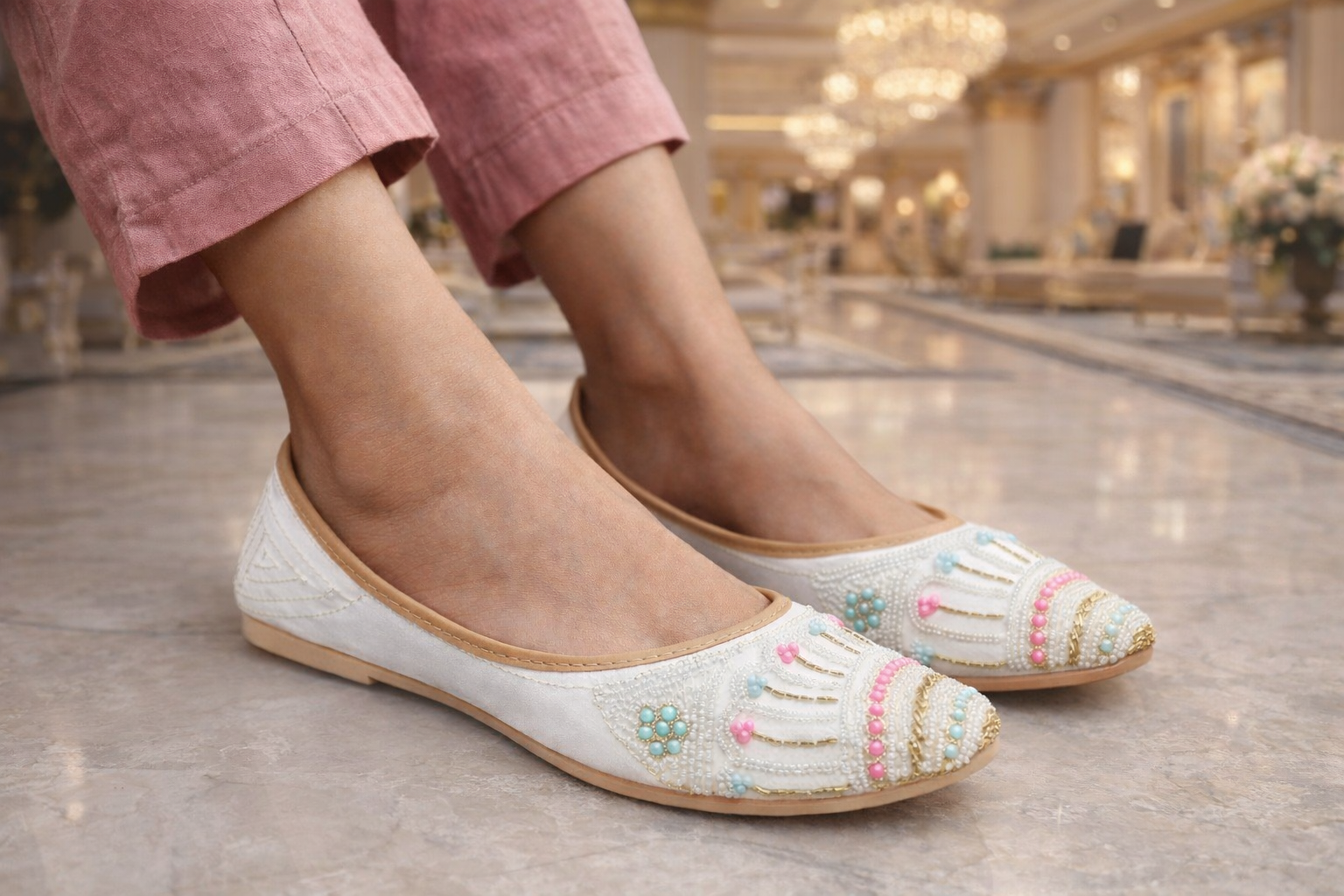 Elegant White Hand-Beaded Ethnic Jutti for Women – Traditional Punjabi Flat with Pastel Embroidery