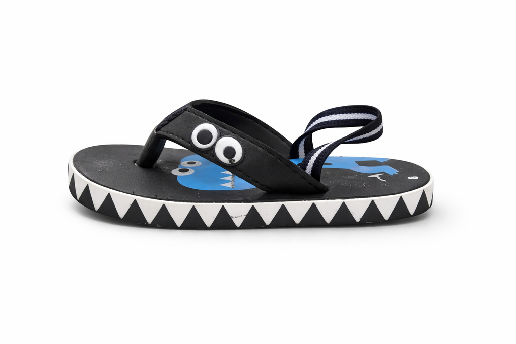 Kids Cartoon Monster Flip-Flops with Back Strap – Comfortable & Fun Summer Sandals (Black & Blue)
