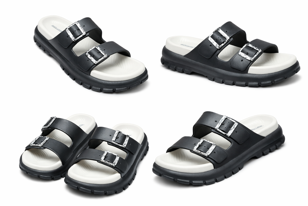 Women’s Stylish Double Buckle Casual Slide Sandals – Lightweight Comfort Soft Footbed Daily Wear Slippers (Black)