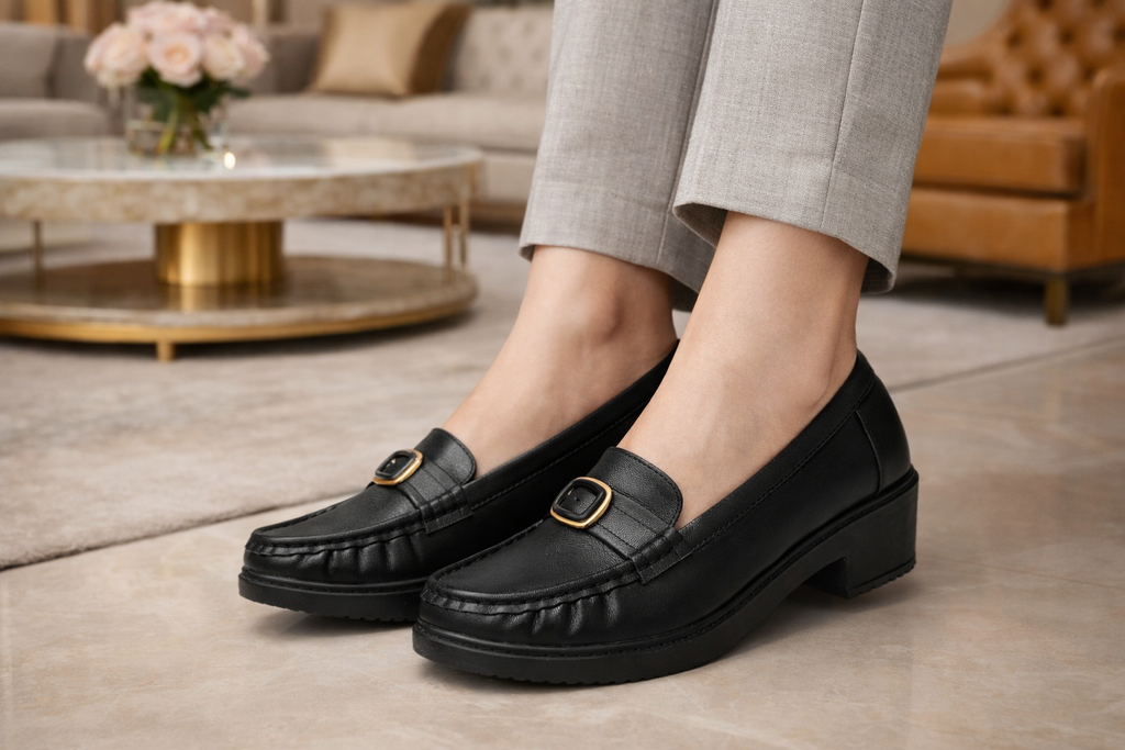 Women’s Black Comfort Loafers with Gold Buckle – Stylish Slip-On Casual & Office Shoes