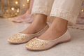 Elegant Gold Embroidered Women’s Ethnic Jutti Flats – Beige/Pink Traditional Party Wear Shoes