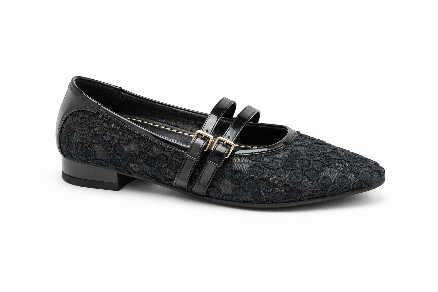 Women’s Black Lace Double Strap Mary Jane Flats – Elegant Comfort Casual Shoes