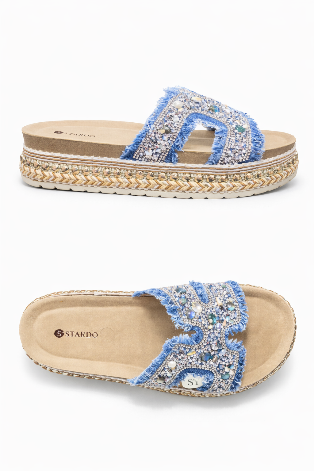 Women’s Blue Denim Rhinestone Platform Slide Sandals – Fashion Casual Comfort Slippers
