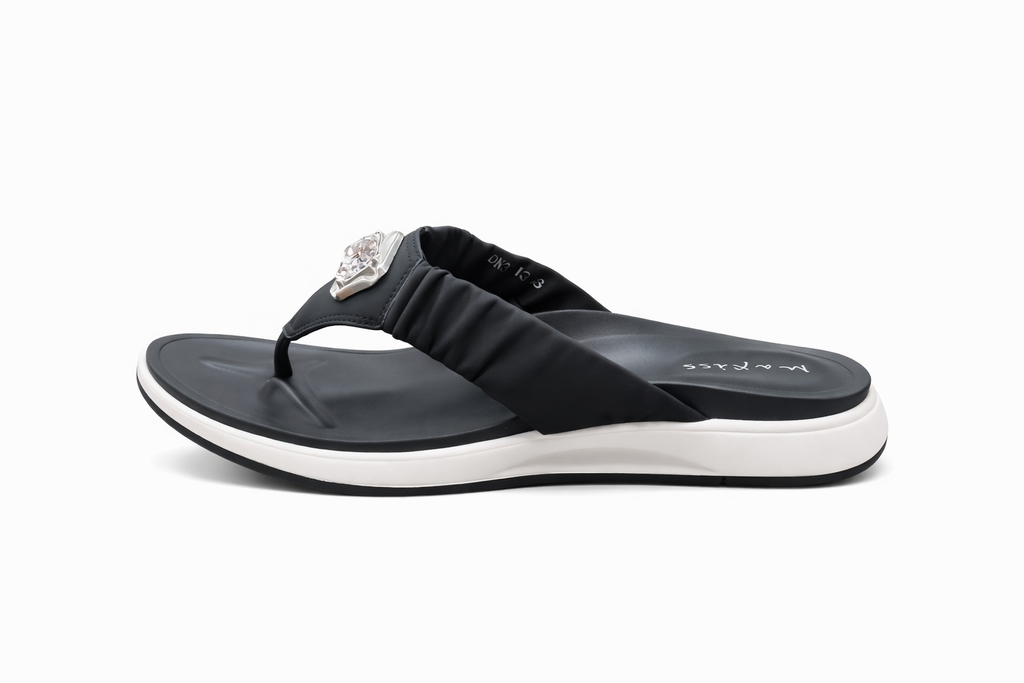 Women's Stylish Black Comfort Flip-Flop Sandals with Crystal Buckle