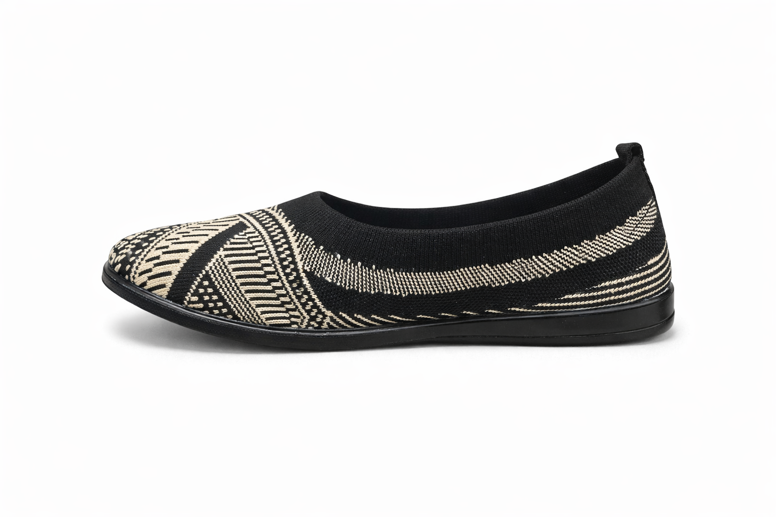 Women’s Black & Beige Knit Slip-On Flats – Lightweight Casual Comfort Shoes