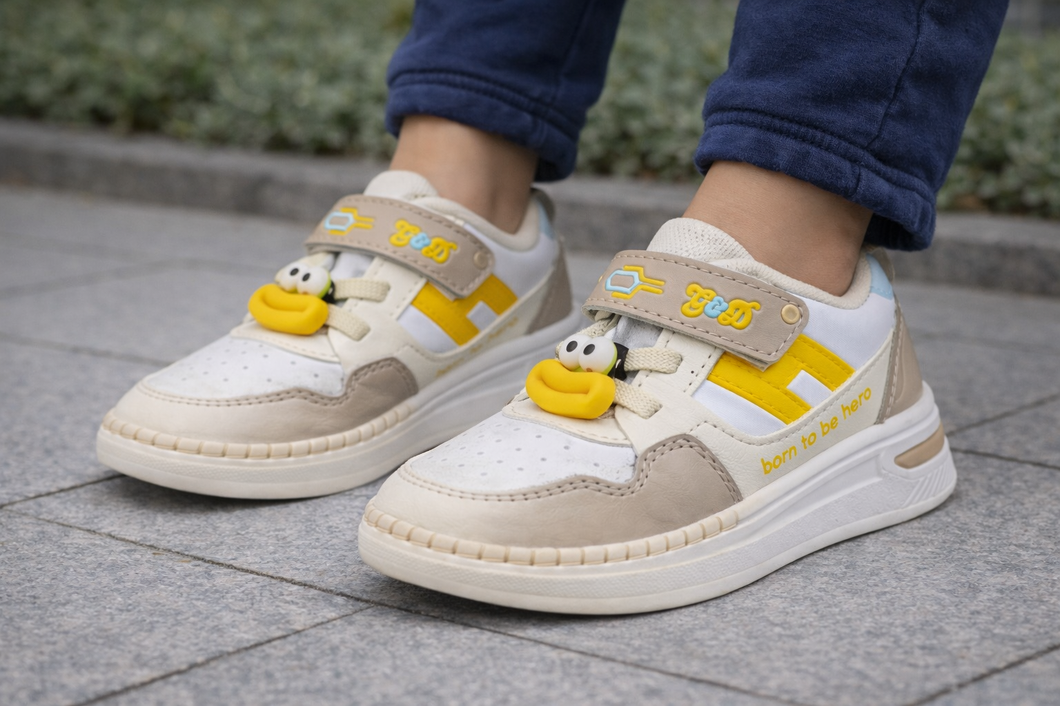 Kids Cartoon Casual Sneakers – Beige & Yellow Velcro Strap Shoes for Boys & Girls