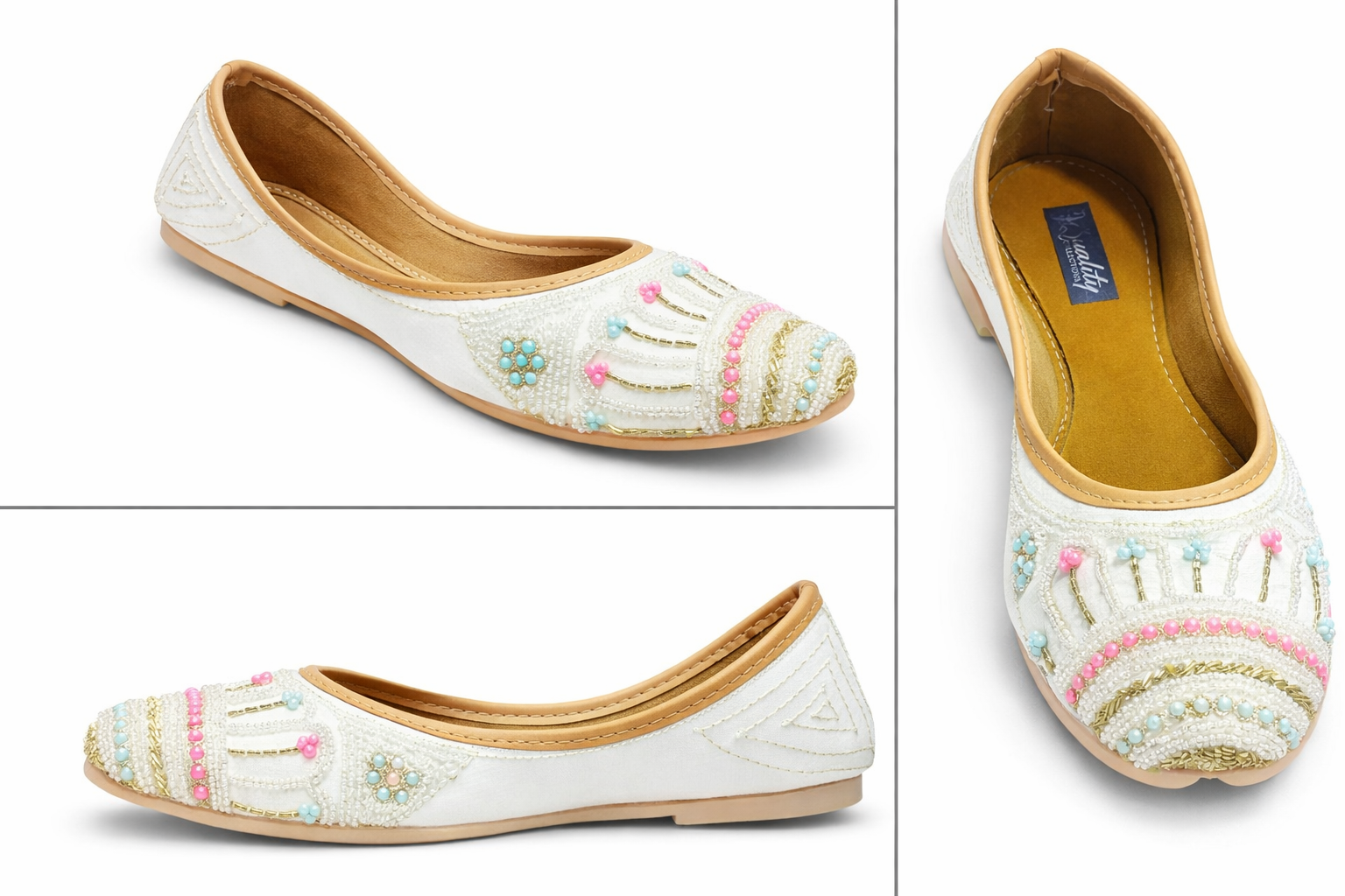 Elegant White Hand-Beaded Ethnic Jutti for Women – Traditional Punjabi Flat with Pastel Embroidery
