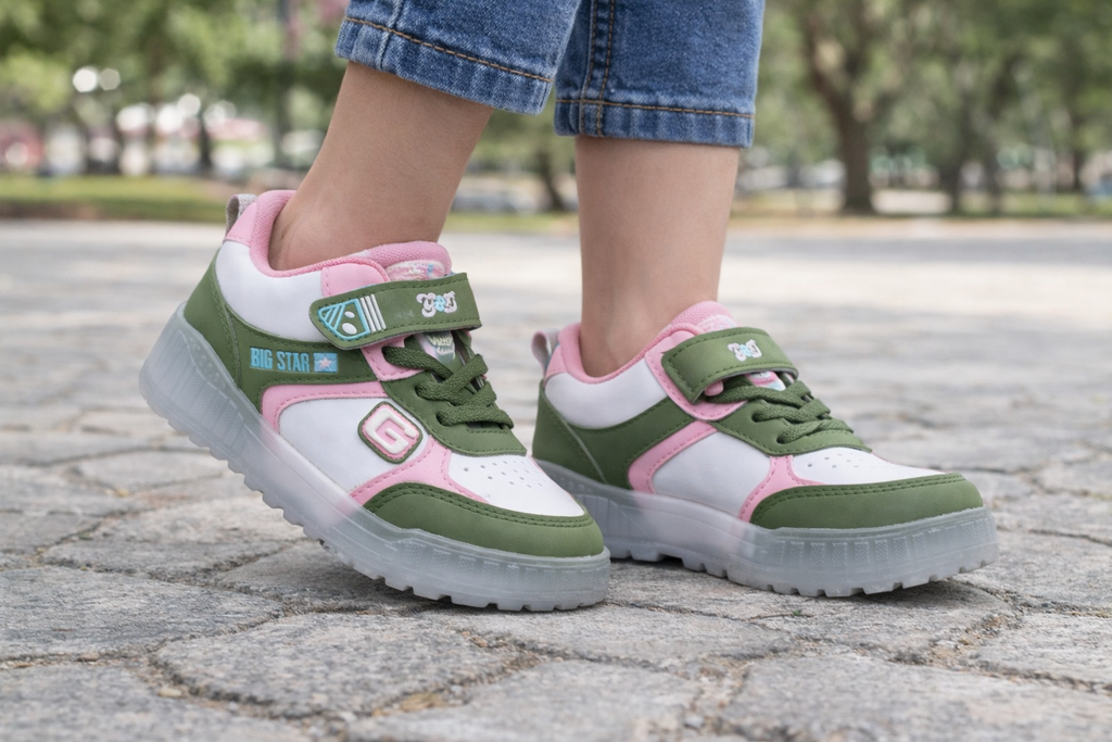 Kids Green & Pink Casual Sneakers | Stylish Velcro Strap Sports Shoes
