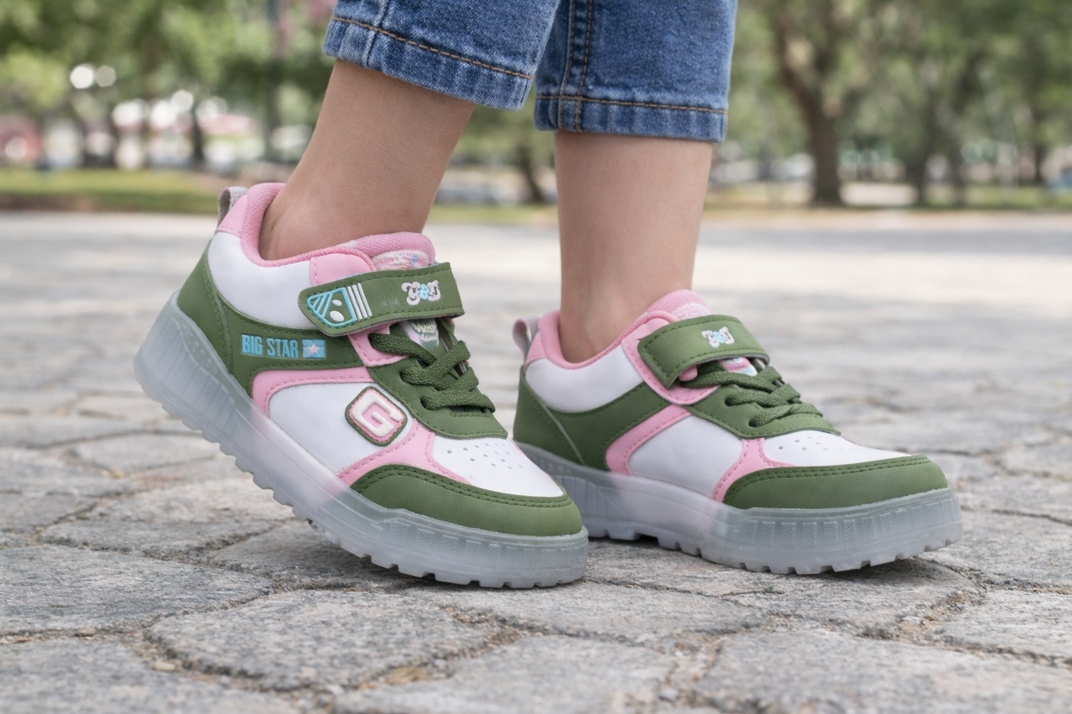 Kids Green & Pink Casual Sneakers | Stylish Velcro Strap Sports Shoes