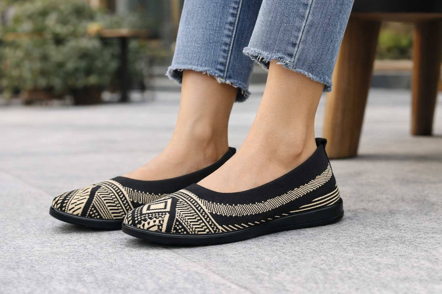 Women’s Black & Beige Knit Slip-On Flats – Lightweight Casual Comfort Shoes