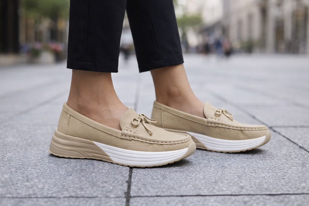 Women Beige Comfort Platform Loafers – Stylish Casual Walking Shoes