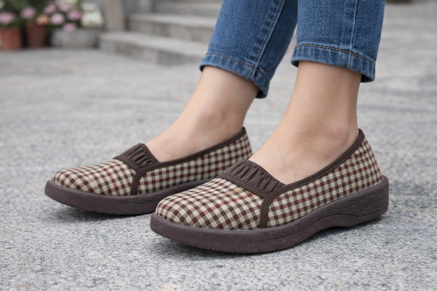 Women’s Checked Slip-On Casual Shoes – Comfortable Lightweight Daily Wear Loafers (Brown Check)