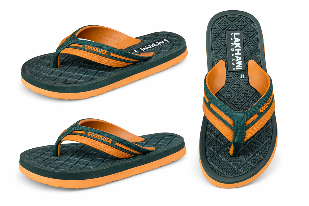 Lakhani Goodluck  Green & Orange Flip Flops – Comfortable Lightweight Daily Wear Slippers
