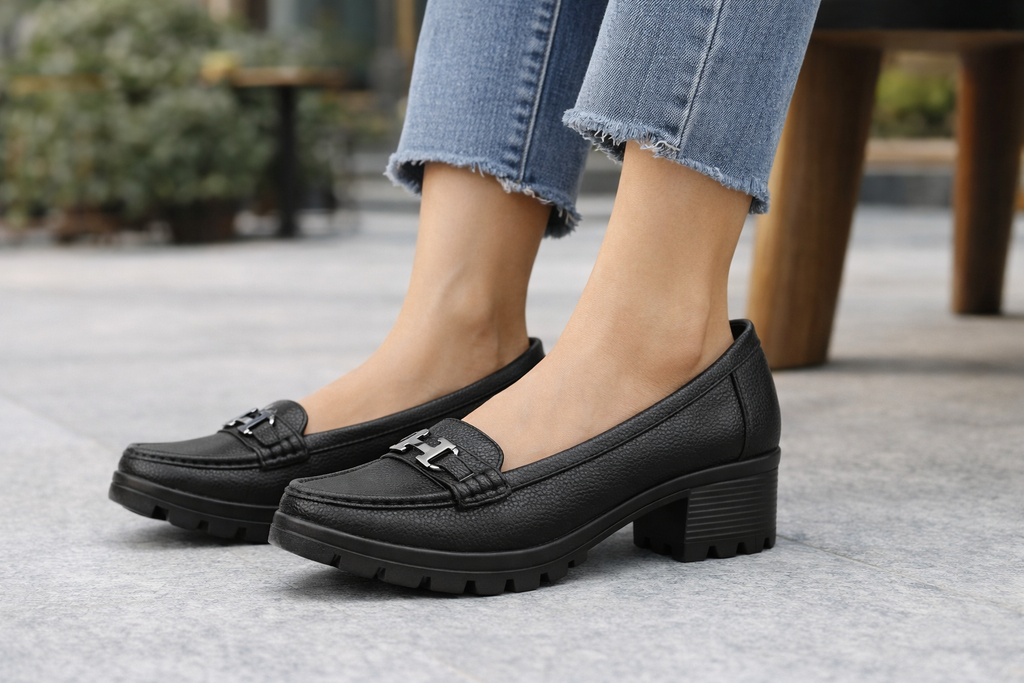 Women’s Beige Block Heel Loafers – Stylish Comfort Casual Slip-On Shoes