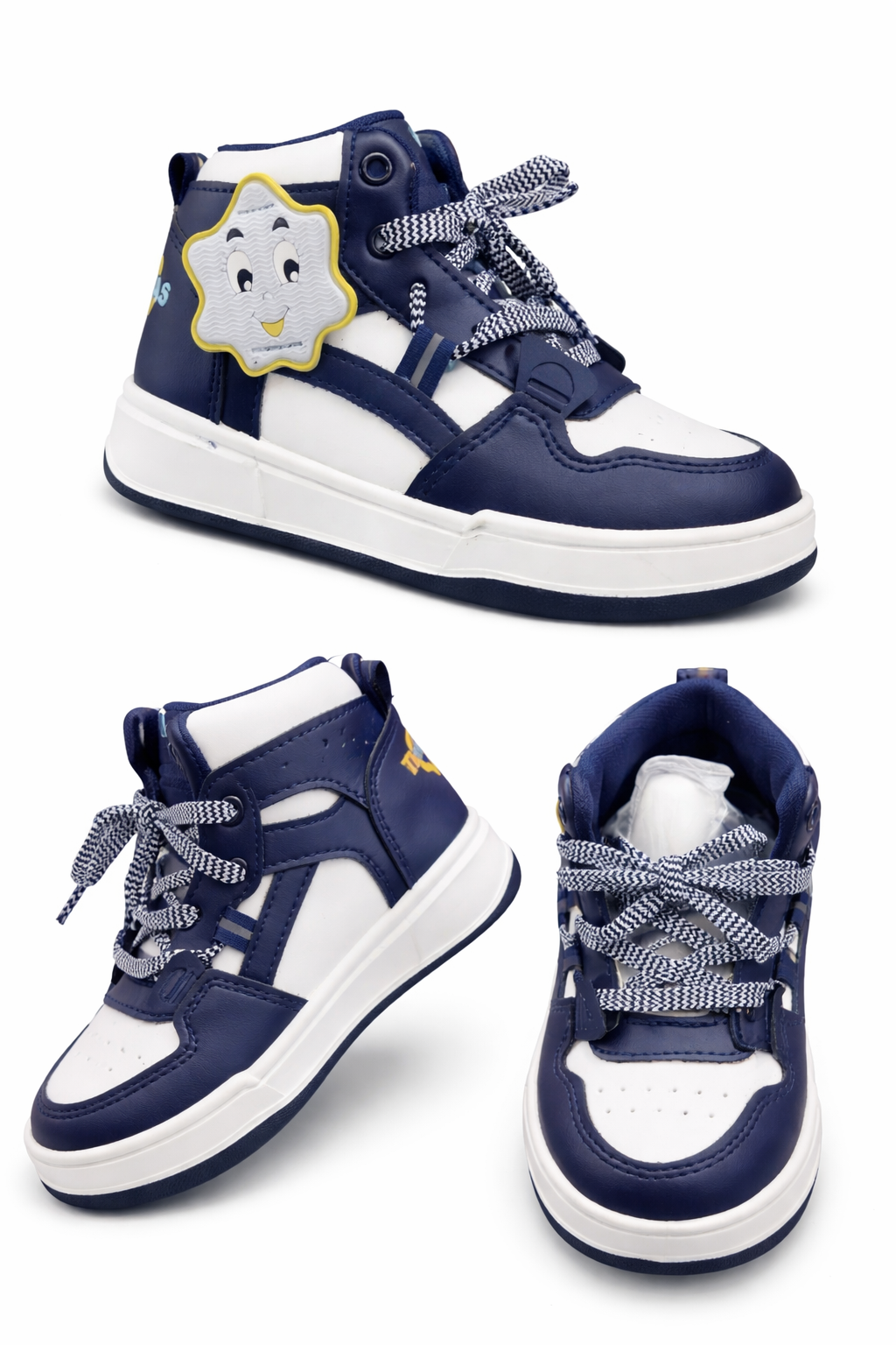 Kids High-Top Casual Sneakers – Navy Blue & White with Star Patch
