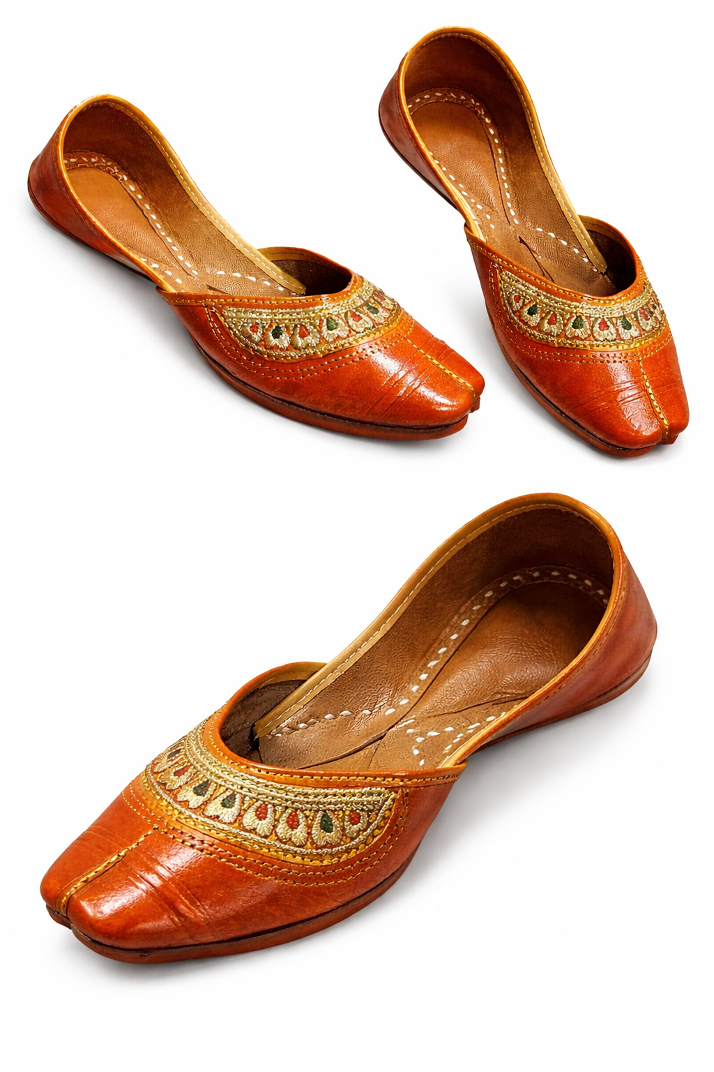 Handcrafted Tan Leather Punjabi Jutti for Women – Traditional Embroidered Ethnic Flats