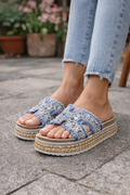 Women’s Blue Denim Rhinestone Platform Slide Sandals – Fashion Casual Comfort Slippers