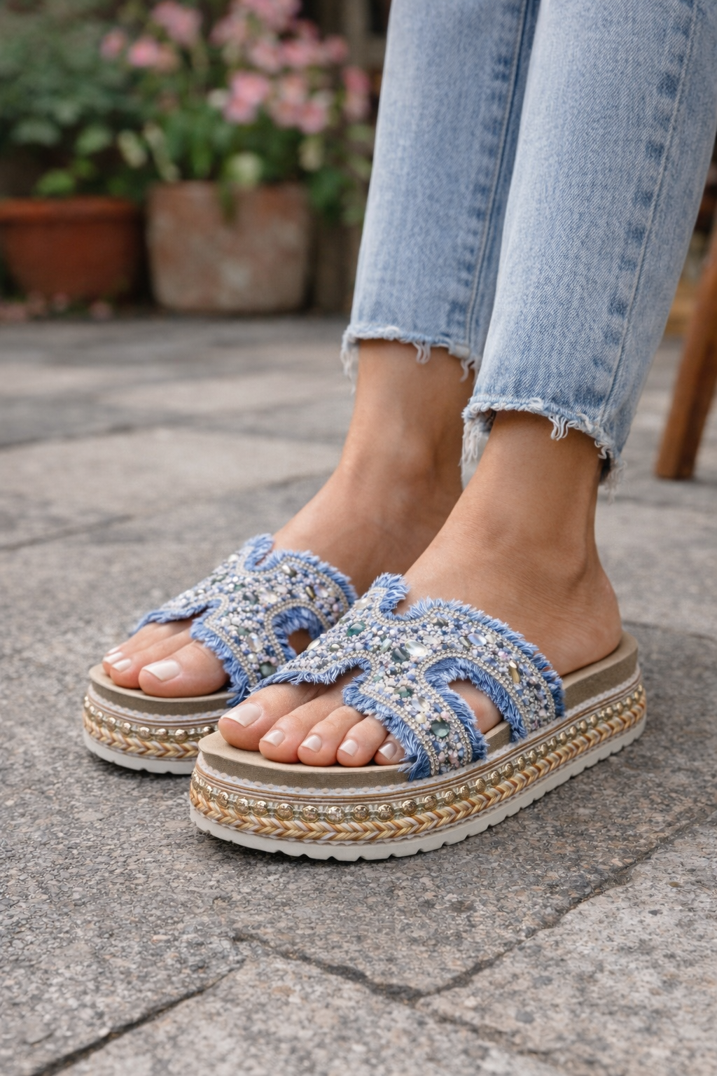 Women’s Blue Denim Rhinestone Platform Slide Sandals – Fashion Casual Comfort Slippers