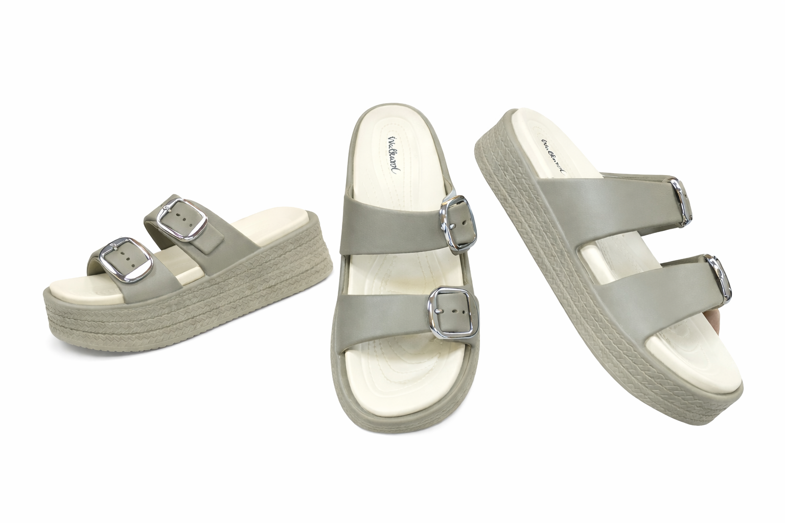Women's Olive Green Double Buckle Platform Comfort Slides