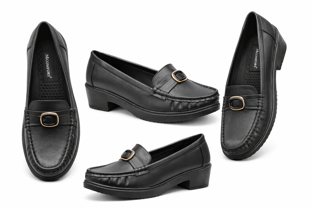 Women’s Black Comfort Loafers with Gold Buckle – Stylish Slip-On Casual & Office Shoes