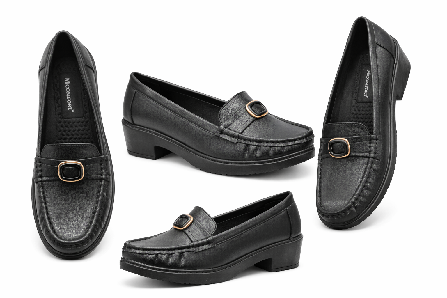 Women’s Black Comfort Loafers with Gold Buckle – Stylish Slip-On Casual & Office Shoes
