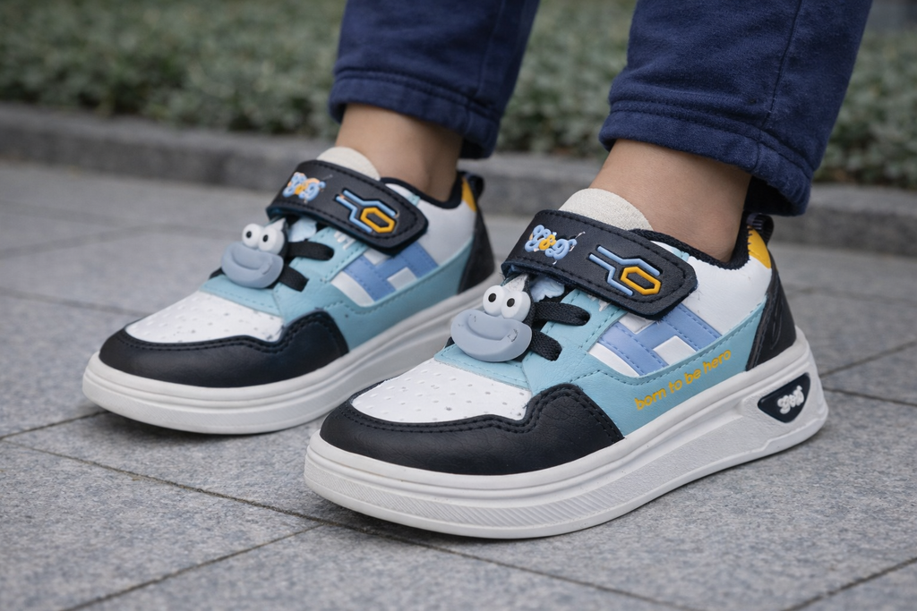 Kids Cartoon Casual Sneakers – Beige & Yellow Velcro Strap Shoes for Boys & Girls